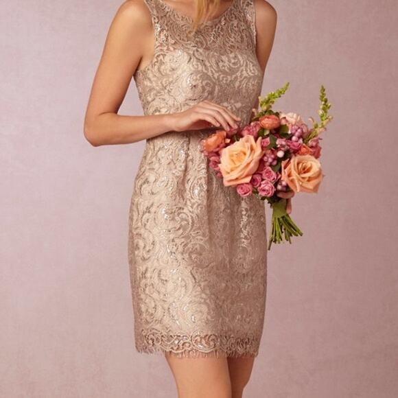 Jenny Yoo Harlow BHLDN Metallic Lace Above Knee Cocktail Dress Sandstone Size 6 - Picture 6 of 11